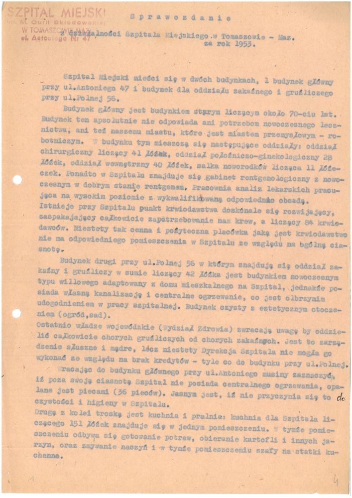 Sprawozdanie z działalności szpitala za 1953 r.